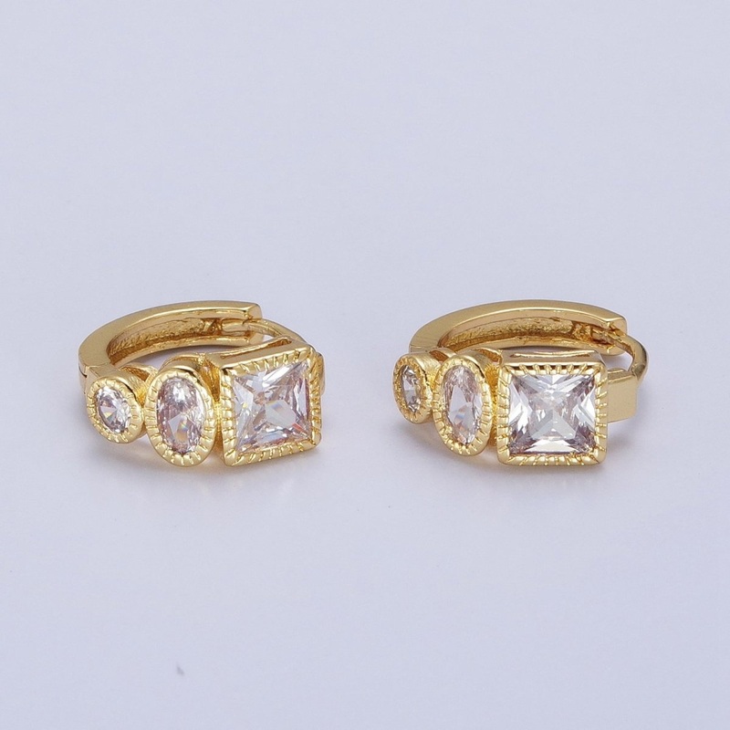 Clear Cubic Zirconia Triple Round Oval Square 14mmx15.8mm Huggie Hoop Earrings | AD-506