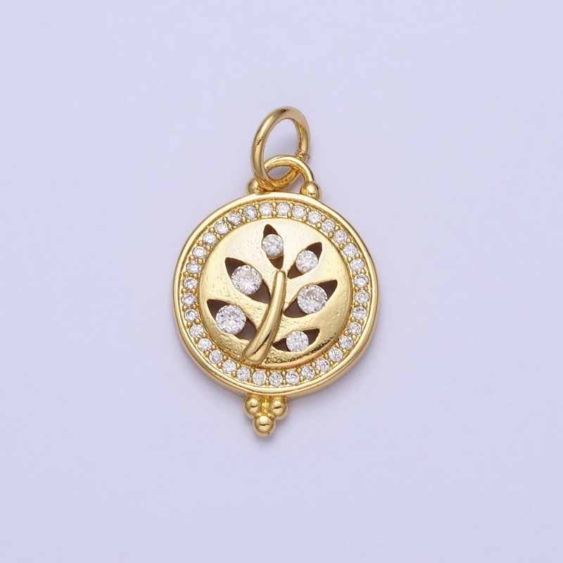 Clear Micro Paved CZ Filigree Nature Plant leaf Round Gold Add-On Charm | AC377