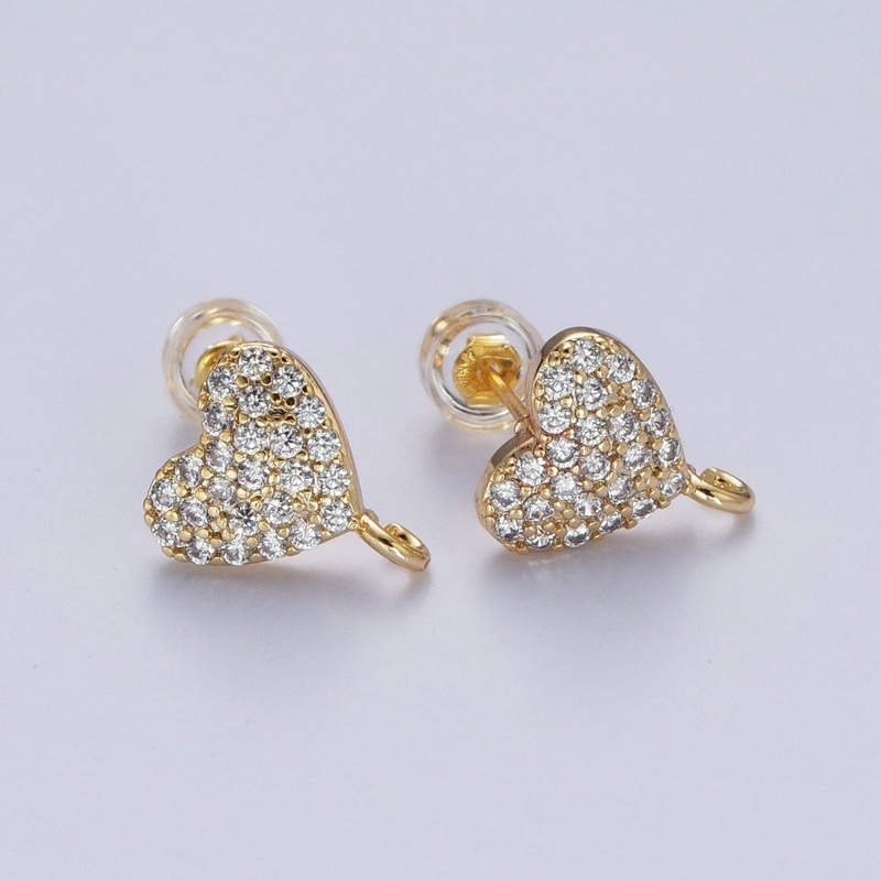 OS Micro Pave Cubic Zirconia Heart Stud Earrings with Open Loop Link, Valentine Love Component For Earrings Making L-872