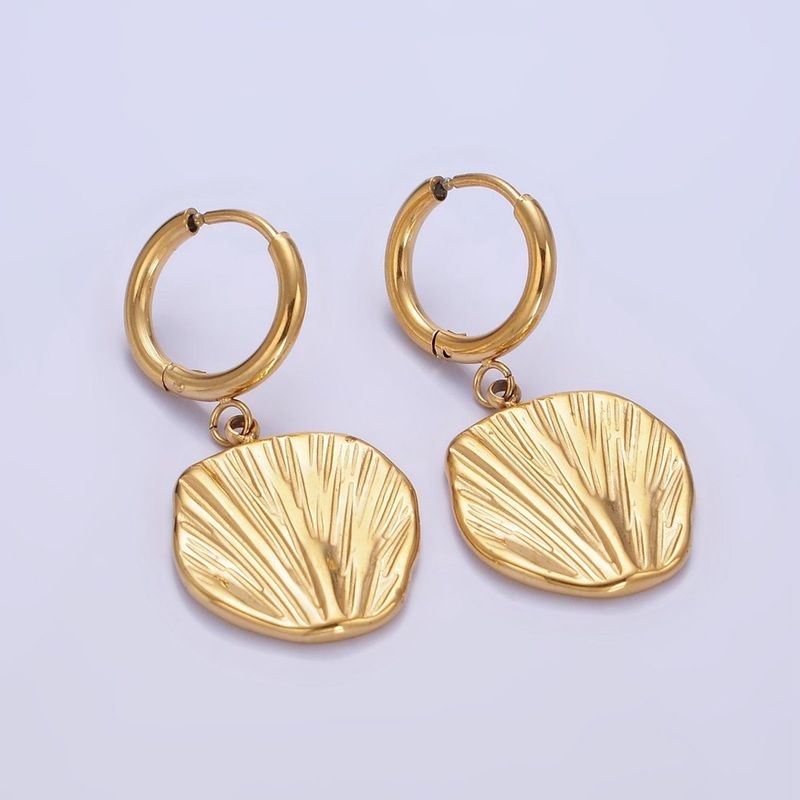 Stainless Steel Line-Textured Abstract Round Drop Huggie Earrings | AE458