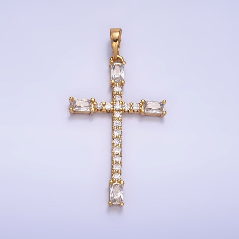14K Gold Filled Baguette Micro Paved CZ Religious Cross Pendant | AA1070
