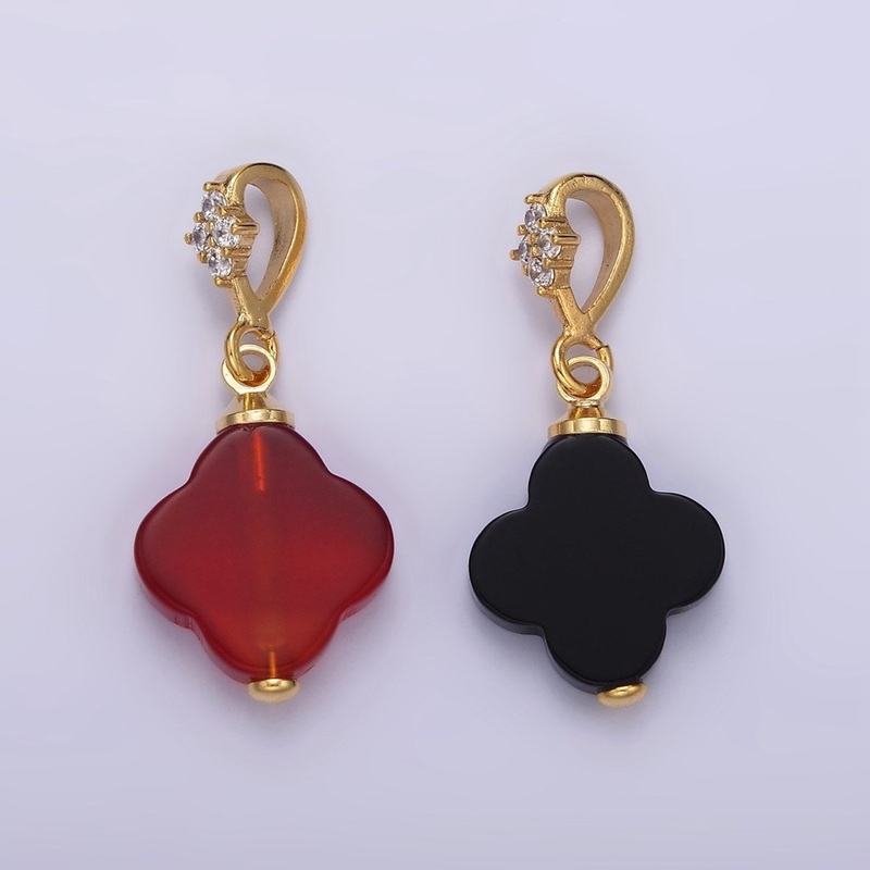 14K Gold Filled Black Onyx, Red Carnelian Quatrefoil Micro Paved CZ Bail Pendant | N1294 N1295 Red