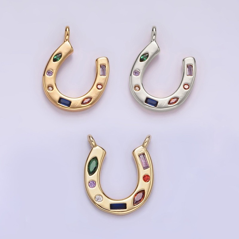 14K Gold Filled CZ Multicolor Dotted Lucky Horseshoe Charm | AC-819 Gold