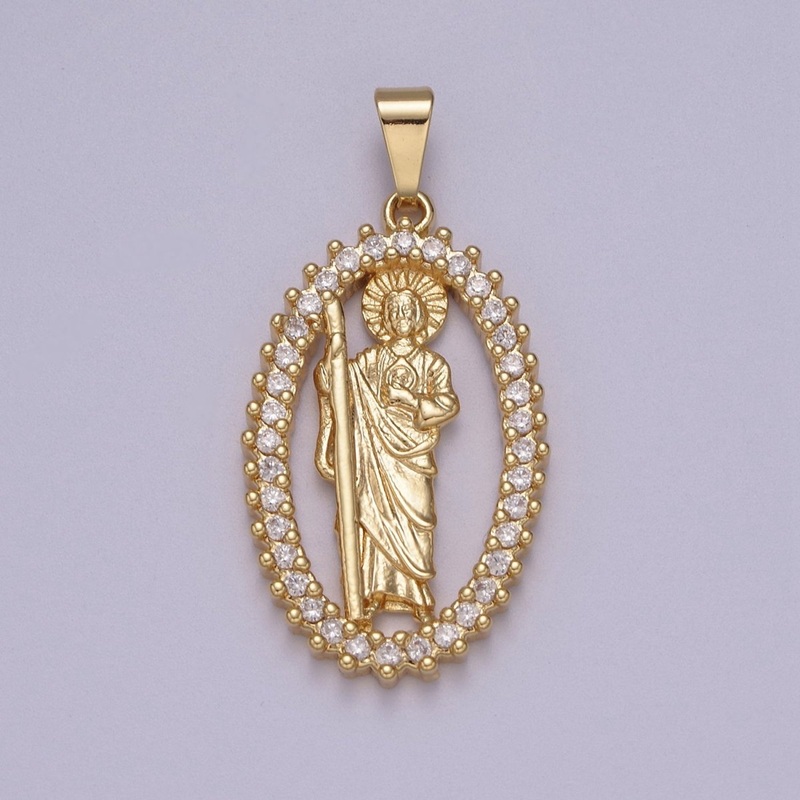 14K Gold Filled Saint Jude Pendant Saint of Hope in Clear Crystal Cubic Zirconia Charm N-612