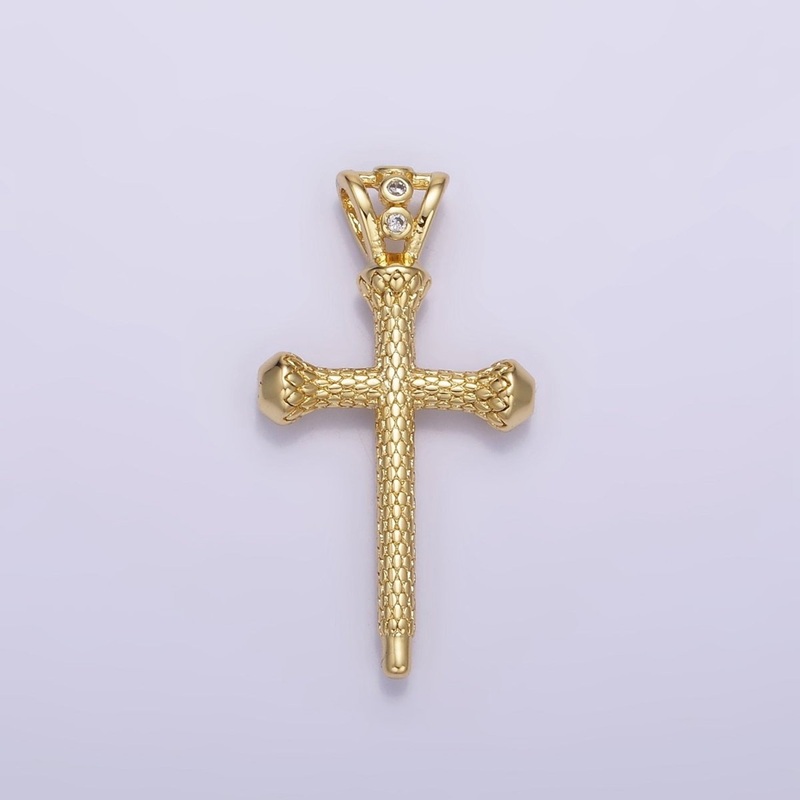 14K Gold Filled Scale-Textured Religious Triple CZ Bail Pendant | AA1231