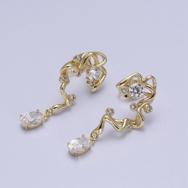 14K Gold Geometric Abstract Round Oval Cubic Zirconia Drop Stud Earrings | AD-062