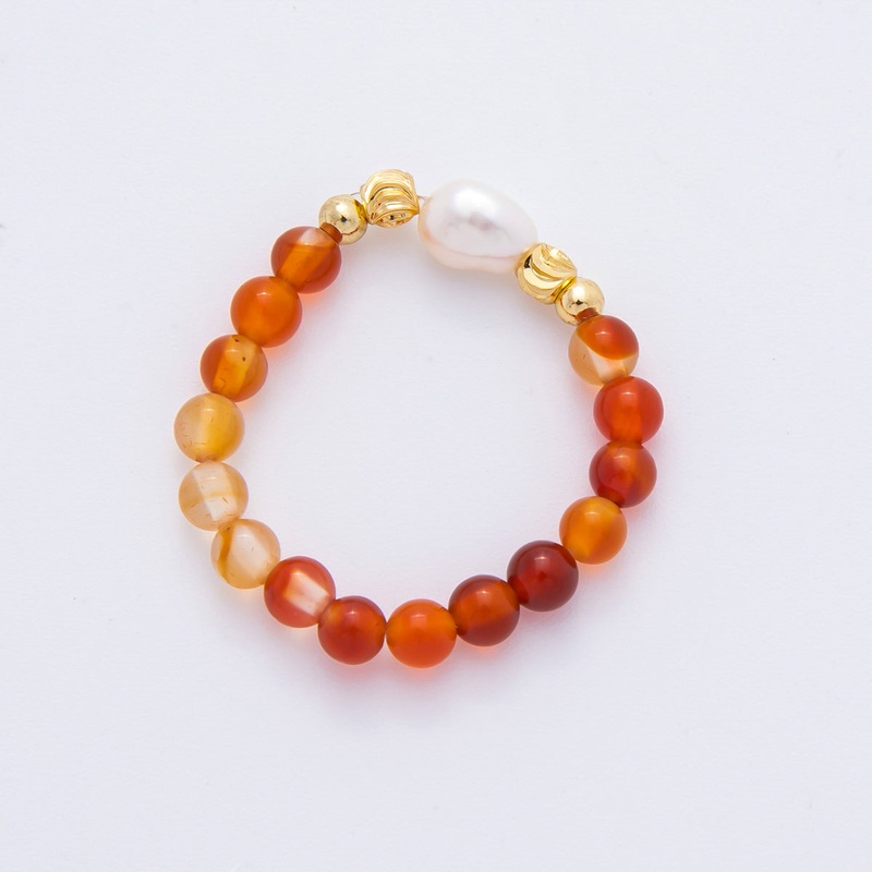 18K Gold Filled Orange Carnelian Gemstone Pearl Ribbed Bead Stretch Ring | O053