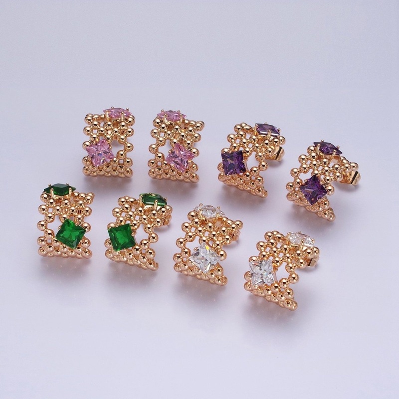 18K Gold Filled Purple, Clear, Green, Pink Square CZ Round Beaded Bubble C-Shaped Hoop Earrings | AD1401 – AD1404 Purple