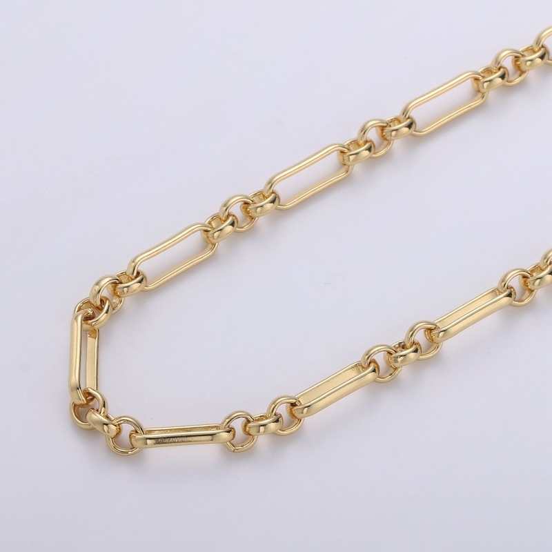 24K Gold Filled Chain By Yard, Figaro Fancy Long and Short Unfinished Chain, Wholesale Bulk Roll Chain For Jewelry Making, Size 12x5mm | ROLL-233