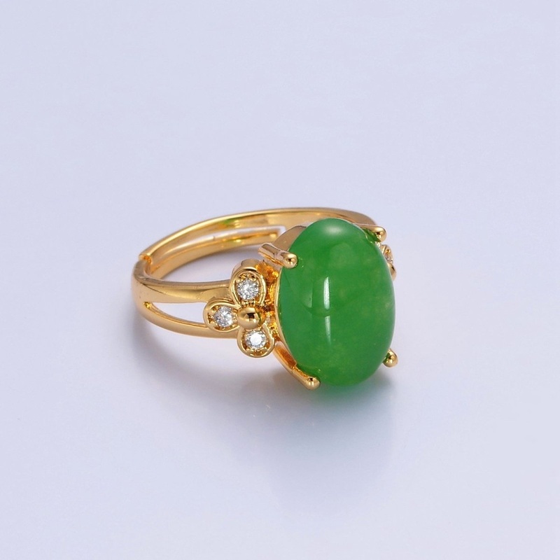24K Gold Filled Green Jade/Cubic Zirconia Double Band Adjustable Ring, O-2298, O-765 Green Cubic Zirconia