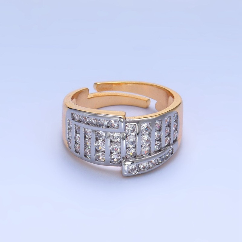 24K Gold Filled Mixed Metal Micro Paved CZ Geometric Wide Band Signet Ring | U397