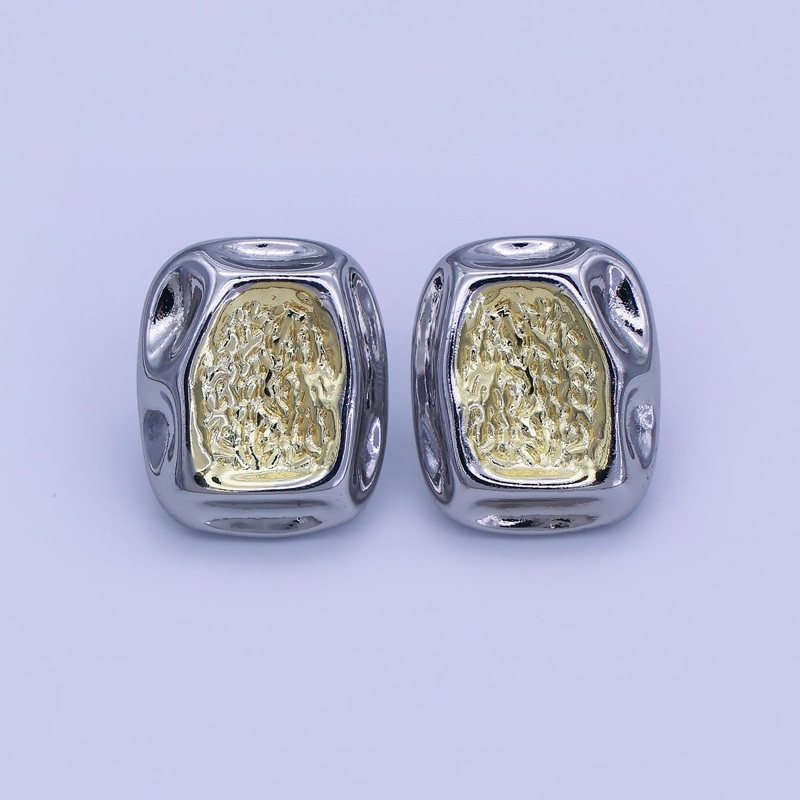 24K Gold Filled Mixed Metal Molten Rectangular Stud Earrings | V278