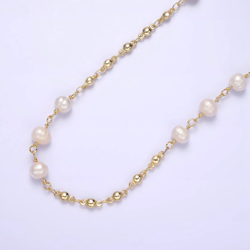 24K Gold Filled Triple Button Triple Freshwater Pearl Multiple Bead Unfinished Chain For Jewelry Making | ROLL-1406 Clearance Pricing