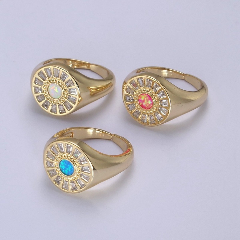 Chunky 24K Gold Filled Crystal Zirconia CZ Ring, White Blue Pink Opal Statement Ring | U-454 ~ U-456 White Opal