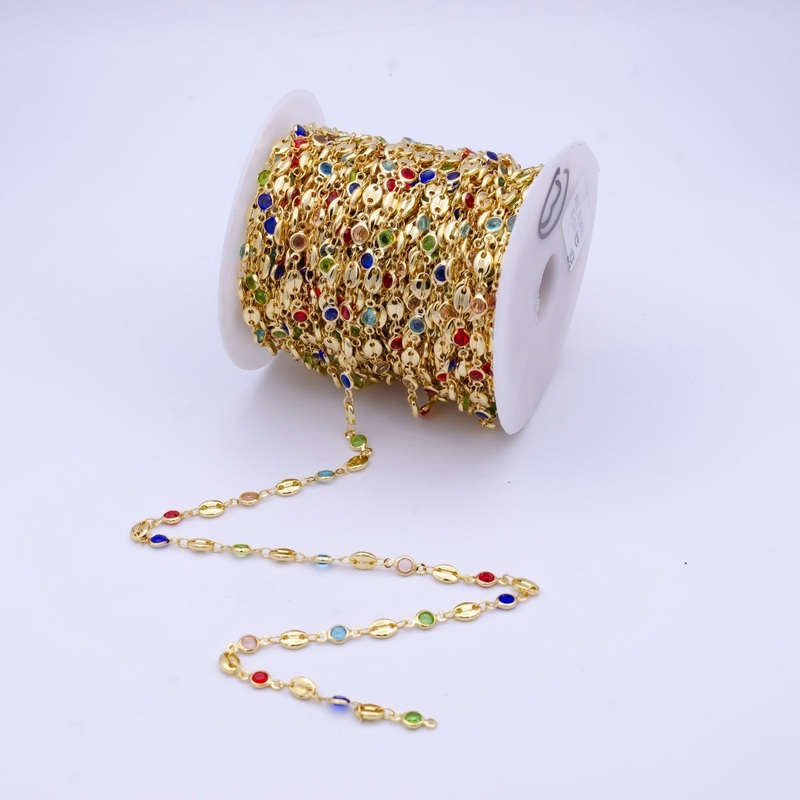 Dainty Gold Filled Mariner Chain with Colorful CZ Stone Dainty Bezel Cut Chain Unfinished chain by YARD | ROLL-798
