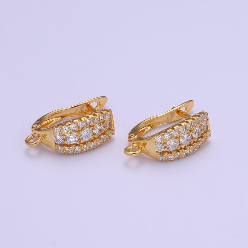 Gold cubic one touch w/ open link, Nickel free 1 pair Earring Lever back earring making, CZ hoop earring charm Supply L-223