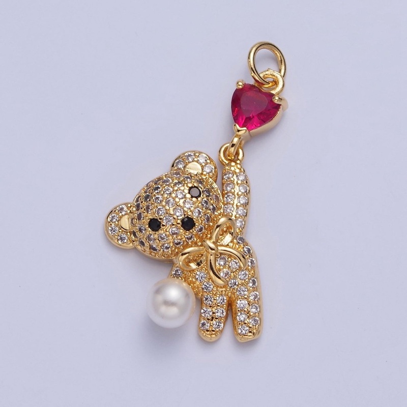 Gold Pave Teddy Bear Charm Dangle Red Heart Bead Pendant W-289