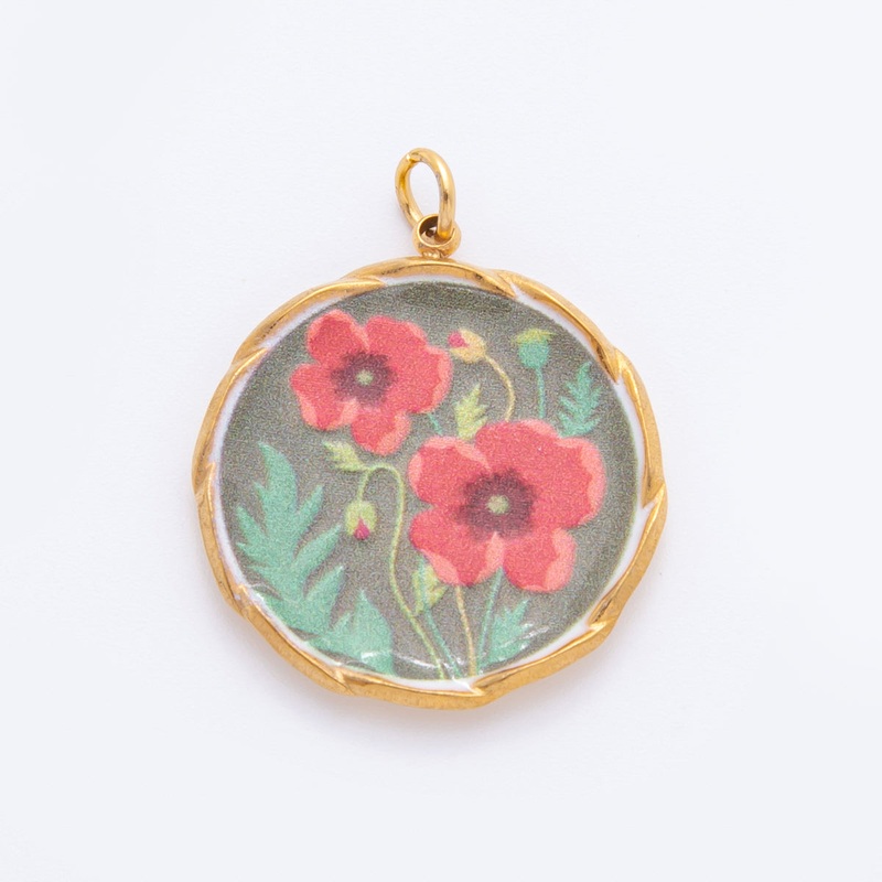 Gold Stainless Steel 29mm Hand-Painted Enamel Round Red Poppy Flower Charm | J337