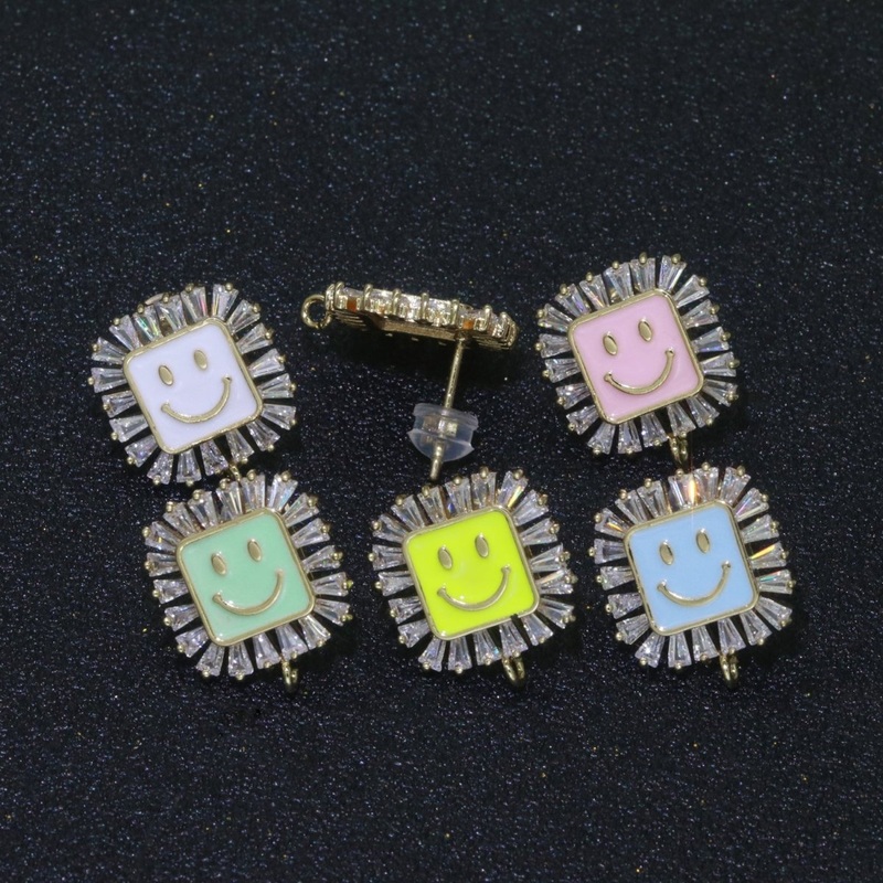 Happy face stud earrings, Tiny smiley face studs, simple gold stud earrings, Square Gold Studs, happy face studs with open link L-355~L-360 Blue