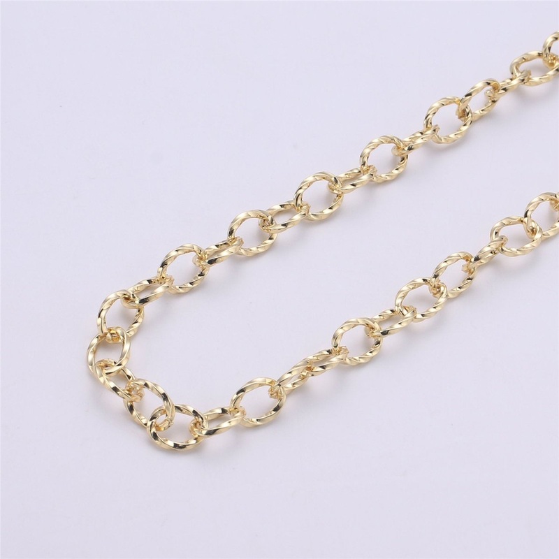 Modern Cable Chain By Yard, Nickel Free, 1 Yard 10X8mm Link, 24K Gold Filled Brass, Thick Oval Link Chain, Textured UNIQUE ROLO Chain | ROLL-074 Clearance Pricing