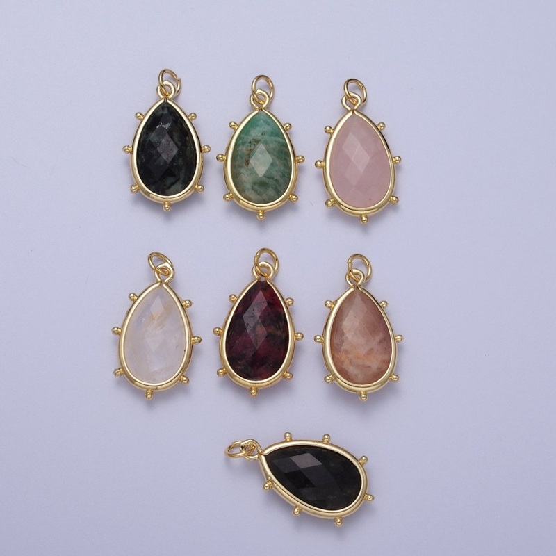 Multifaceted Chalcedony Natural Stone Teardrop Gold Charm C-040 C-045 C-052 C-067 C-081 C-101 Sunstone