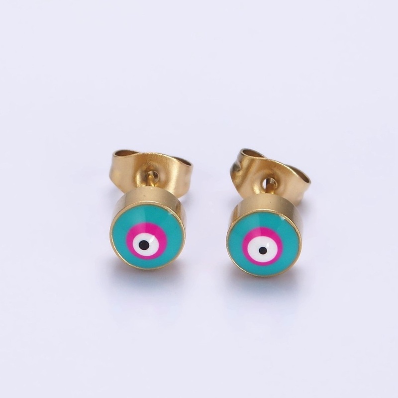 Stainless Steel 6mm Evil Eye Blue-Pink Enamel Round Stud Earrings | AE738