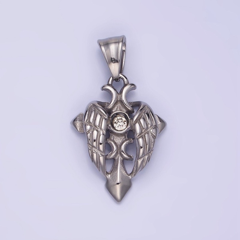 Stainless Steel CZ Passion Cross Bat Wings Pendant | P1389