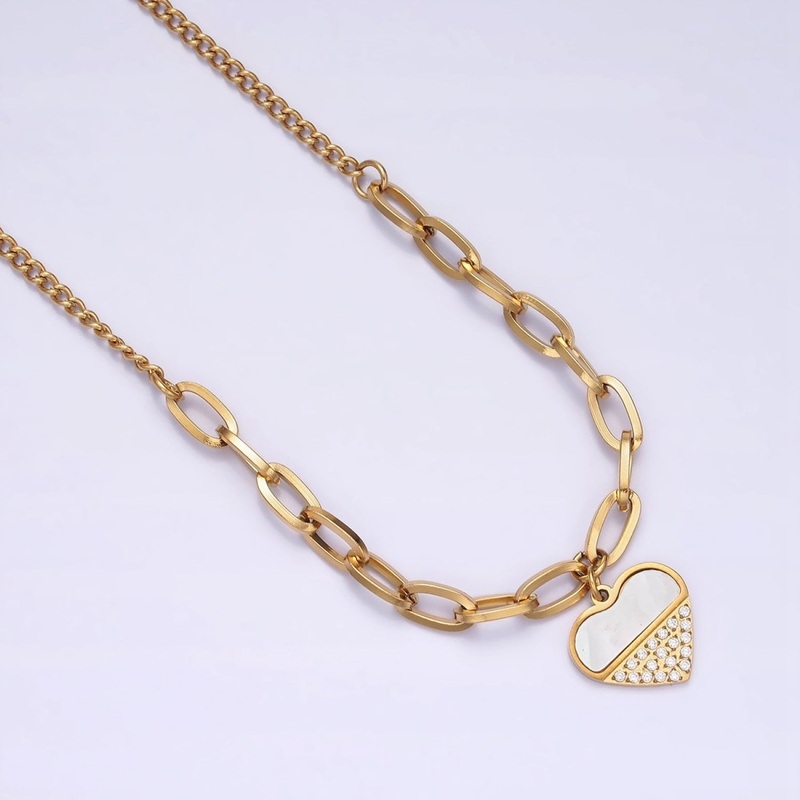 Stainless Steel Heart Micro Paved Shell Pearl Paperclip Curb 17 Inch Chain Necklace | WA-2052 Clearance Pricing