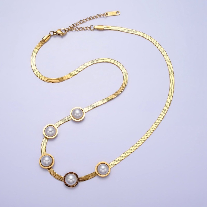 Stainless Steel Rounded Pearl 3mm Herringbone Snake 16 Inch Choker Geometric Chain Necklace | WA-1630 Clearance Pricing