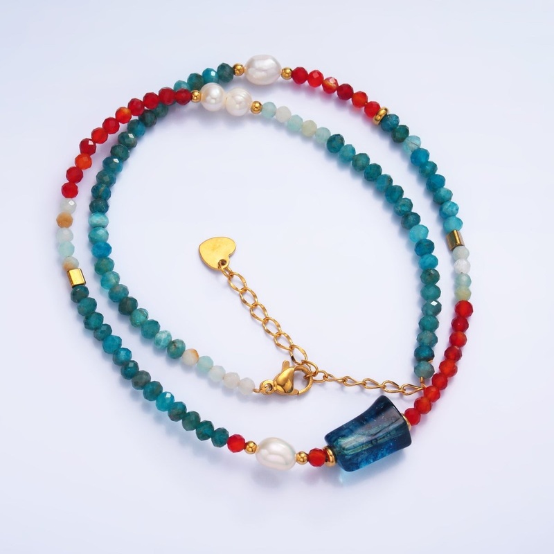 Stainless Steel Shell Pearl Red Blue Natural Gemstone 16.5 Inch Choker Necklace | WA-3103