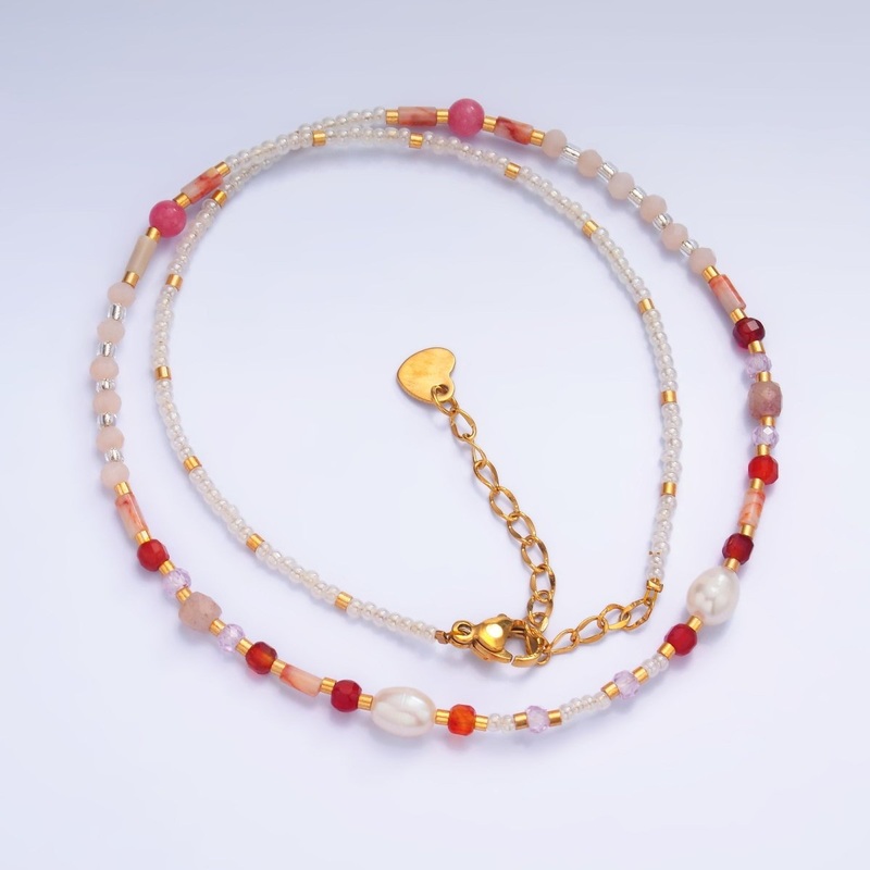 Stainless Steel Shell Pearl Red Natural Gemstone 16 Inch Choker Necklace | WA-3099