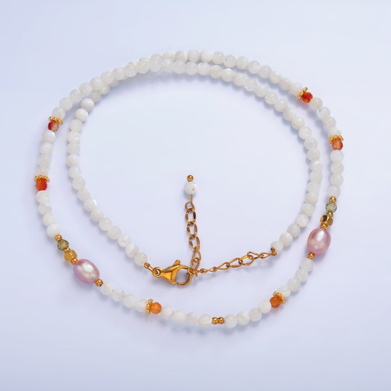 Stainless Steel Shell Pearl White Natural Gemstone 15 Inch Choker Necklace | WA-3102