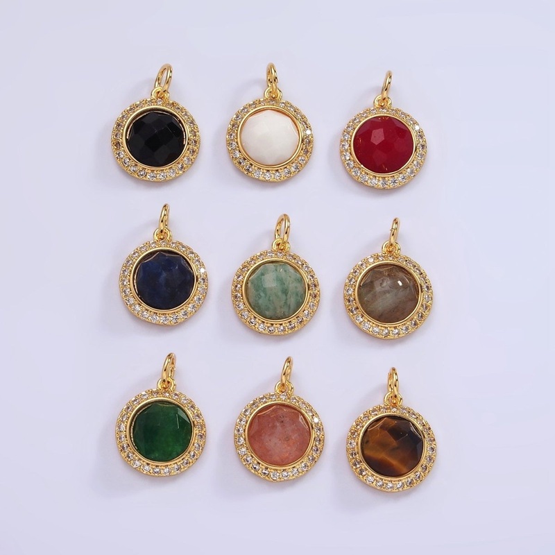 14K Gold Filled 12mm Natural Gemstone Multifaceted Micro Paved CZ Round Charm | AG462 – AG470 White Quartz
