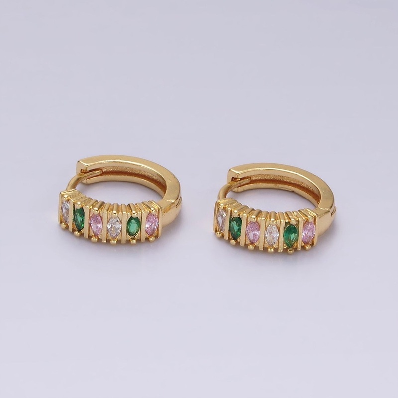 14K Gold Filled 13mm Multicolor Marquise CZ Lined Huggie Earrings | V086