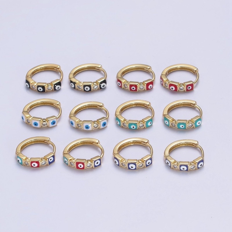 14K Gold Filled 14mm Square Evil Eye Enamel CZ Huggie Earrings | T309 – T314 Black