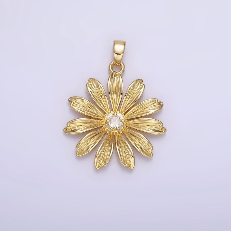 14K Gold Filled 30mm Clear CZ Lined Sunflower Nature Pendant | AH146