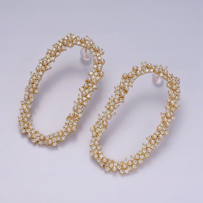 14K Gold Filled 55mm Pearl CZ Open Oblong Stud Earrings