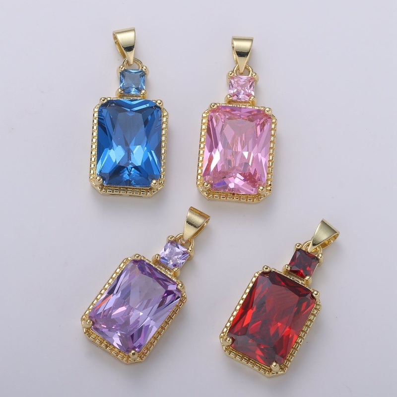 14k Gold Filled CZ Cubic Geometric Shape Pendant Blue Pink Lavender Red Emerald Cut Charm Necklace Earring Supply Component 28x12mm H-367 H-368 H-375 H-376 Blue