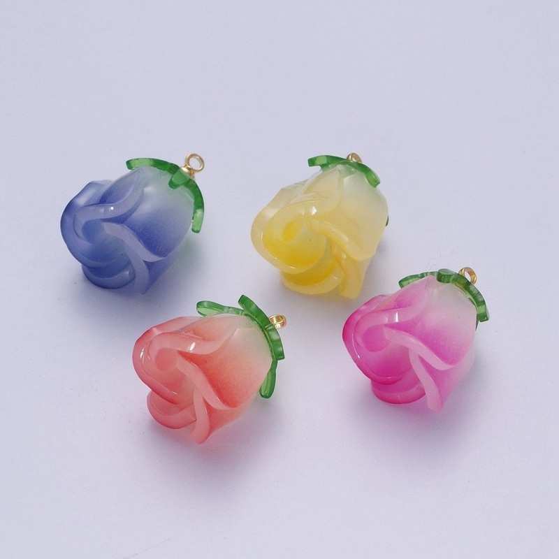 14K Gold Filled Glass Flower Tulip Rose Resin Charm Supply For DIY Summer Jewelry Making | X-736 X-737 X-738 X-739 Yellow