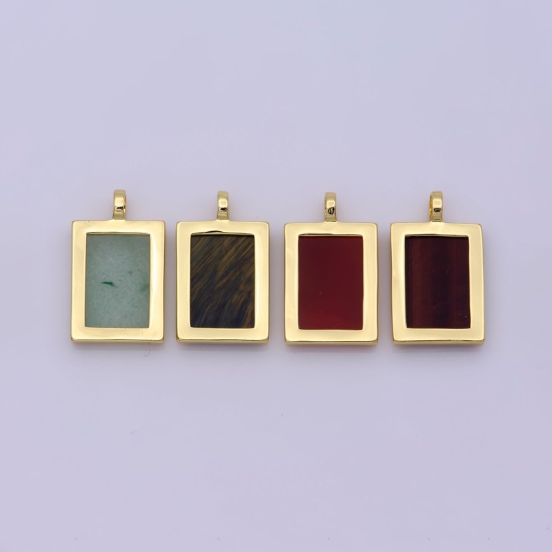 14K Yellow Gold Filled Rectangle Gemstone Medallion Pendant Tiger Eye, Carnelian ,Green Agate for Minimalist Classic Jewelry N-487 – N-490 Black Tiger Eye