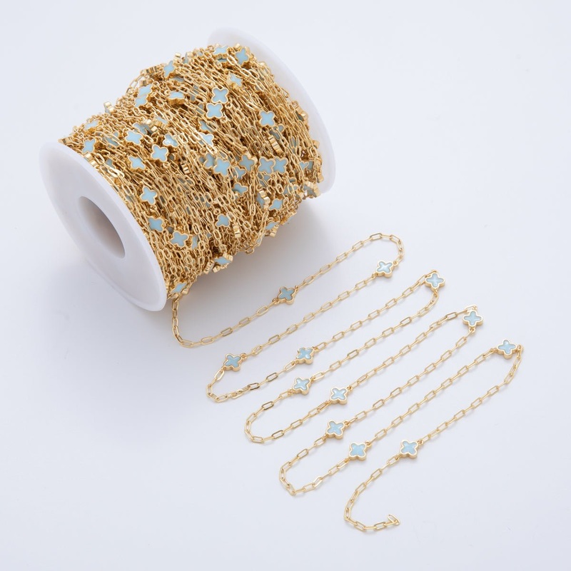 16K Gold Filled Light Blue Quatrefoil Enamel Paperclip Unfinished Chain by Yard | Roll-1595