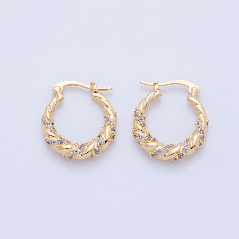18K Gold Filled 24mm Micro Paved CZ Twisted Croissant Latch Hoop Earrings | AI359