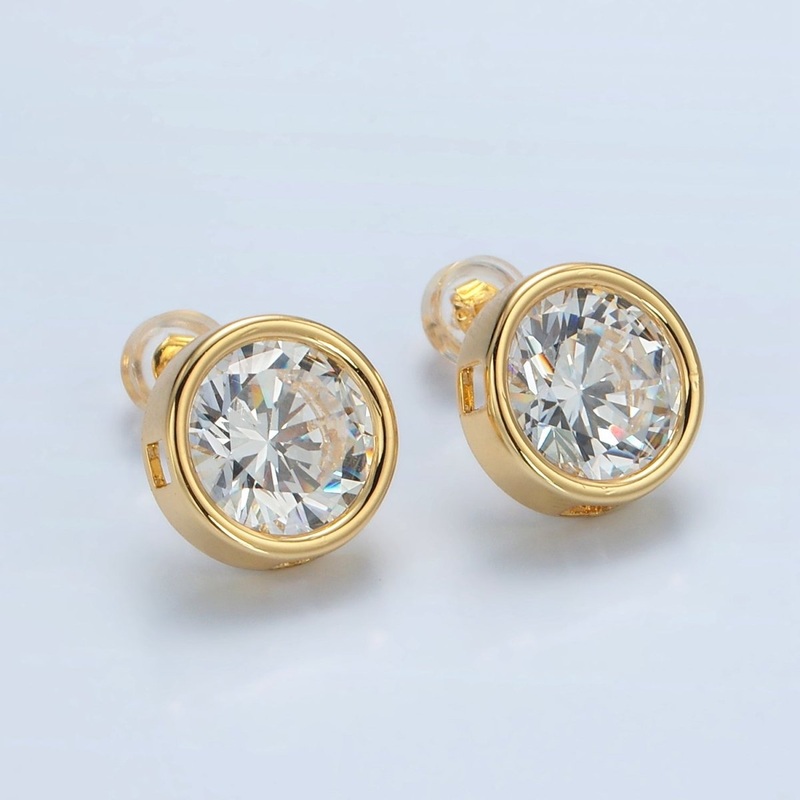 24K Gold Filled 12mm Clear CZ Round Bezel Stud Earrings | P532