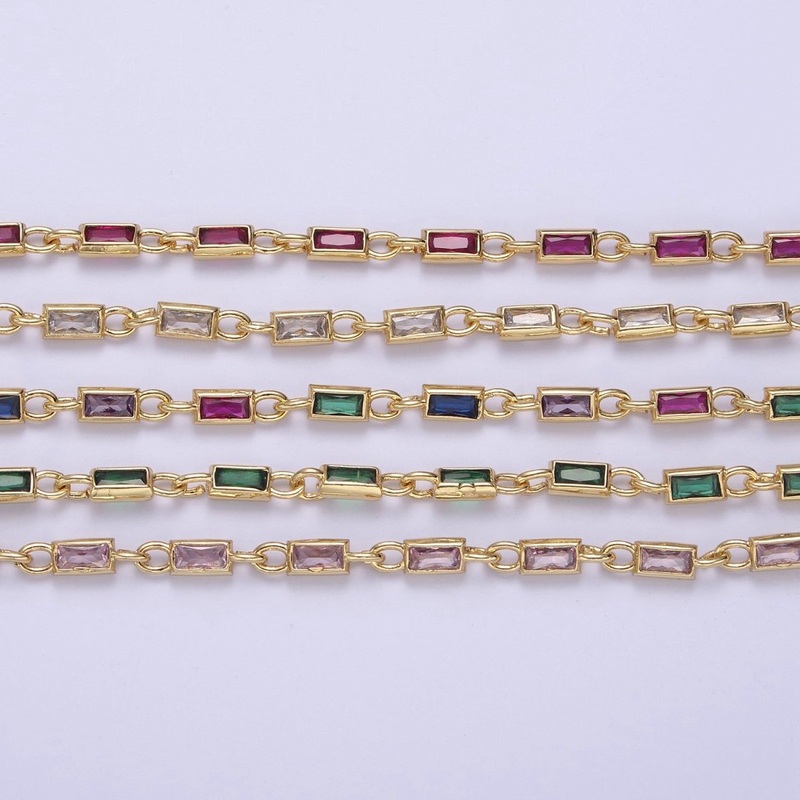 24K Gold Filled 3.6mm Baguette Cubic Zirconia Station Necklace Bulk Unfinished Chain | ROLL-757, ROLL-778, ROLL-779, ROLL-860, ROLL-861 Clearance Pricing Fuchsia 1 Yard
