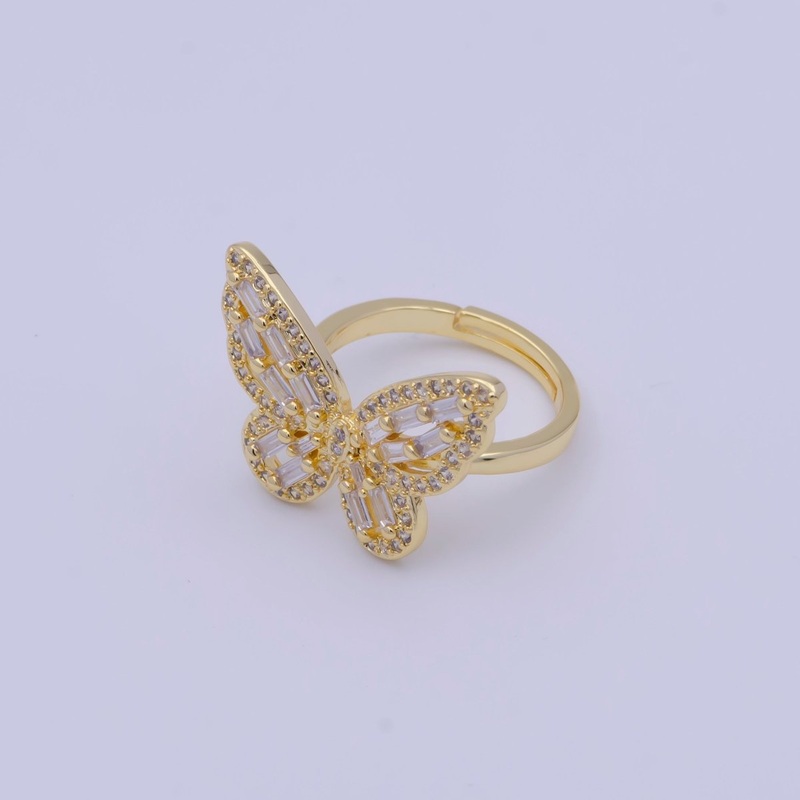 24K Gold Filled Butterfly Ring Clear Baguette Mariposa Ring Adjustable Ring U-233