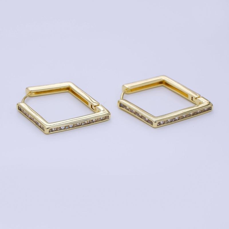 24K Gold Filled Clear CZ Diamond-Shaped Lever Back Hoops Earrings | AJ-059