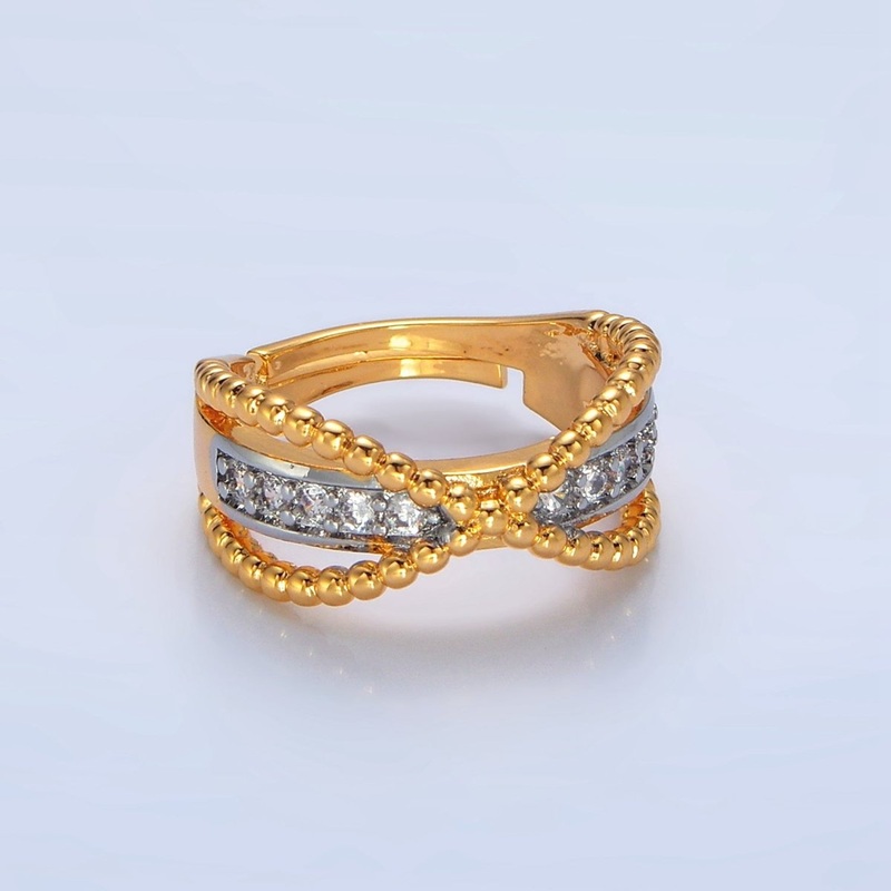 24K Gold Filled Micro Paved CZ Dotted Crossed Double Band Mixed Metal Ring | O1425