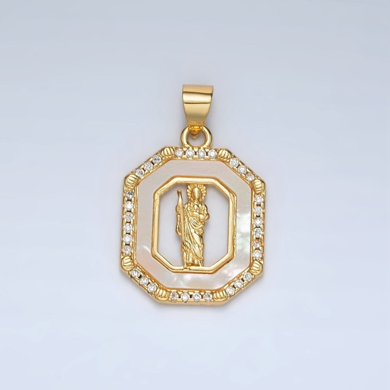 24K Gold Filled Saint Jude Shell Pearl Micro Paved CZ Open Hexagonal Pendant | AH181