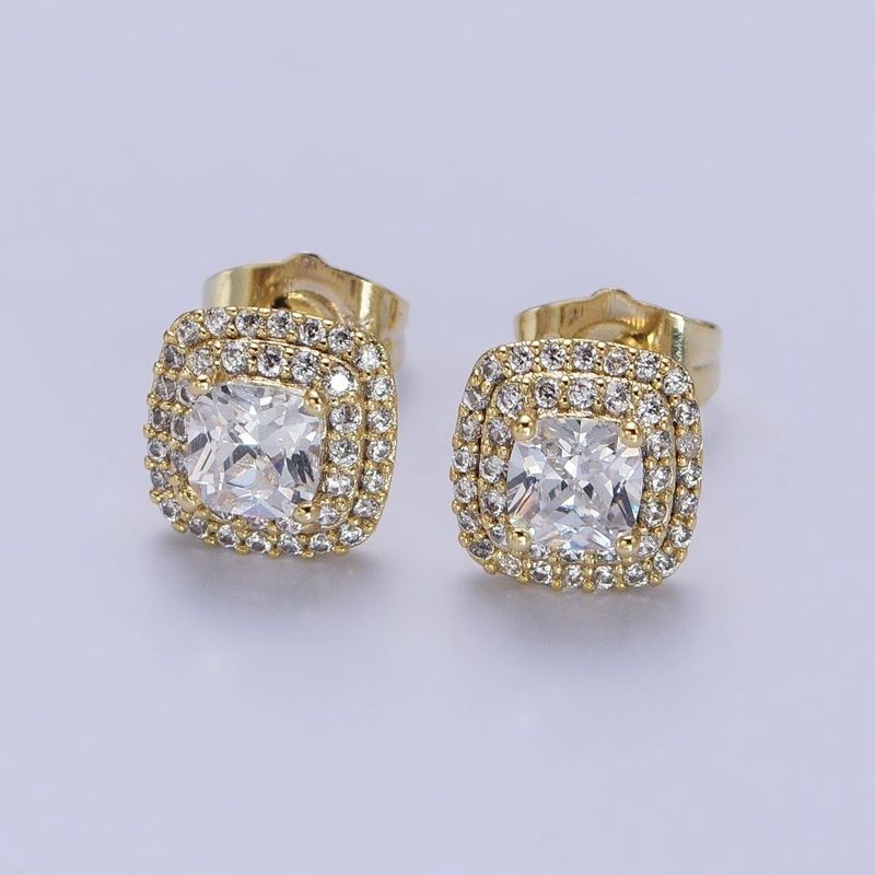 24K Gold Filled Square Clear CZ Micro Paved Stud Rhombus Earrings | AB331