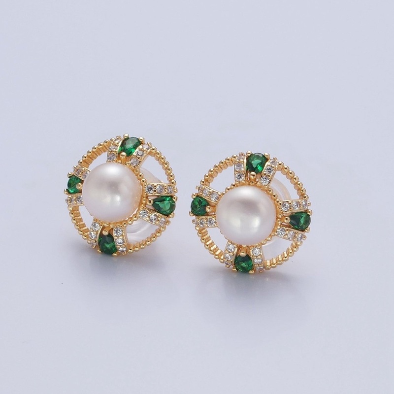 Round White Pearl Stud Earring with Gold Green Pave Round Earring for Wedding Jewelry T-533